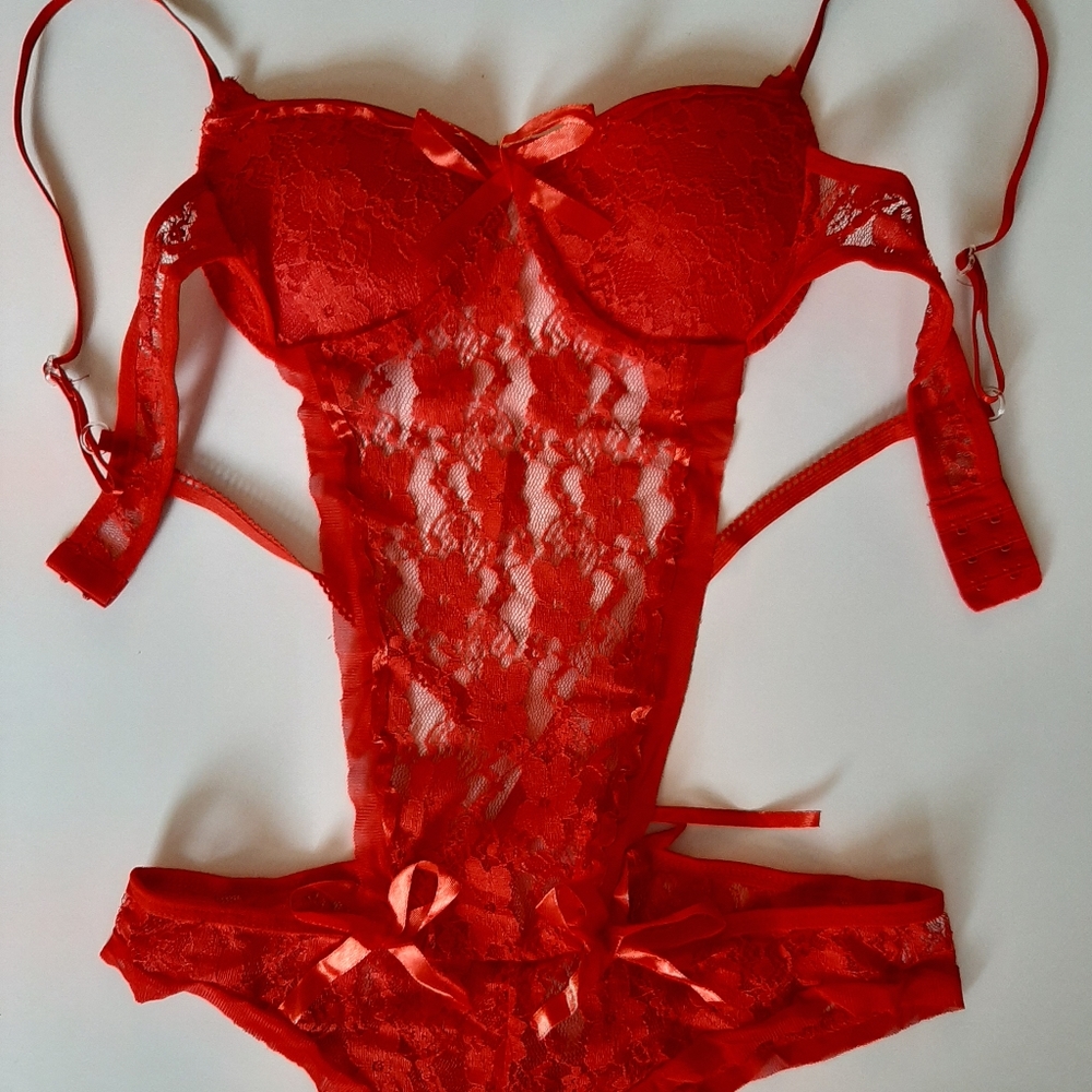 Women's Red Lingerie Lace One piece Bodysuit Babydoll Night dress, Sz US 6-8 - Picture 7 of 8